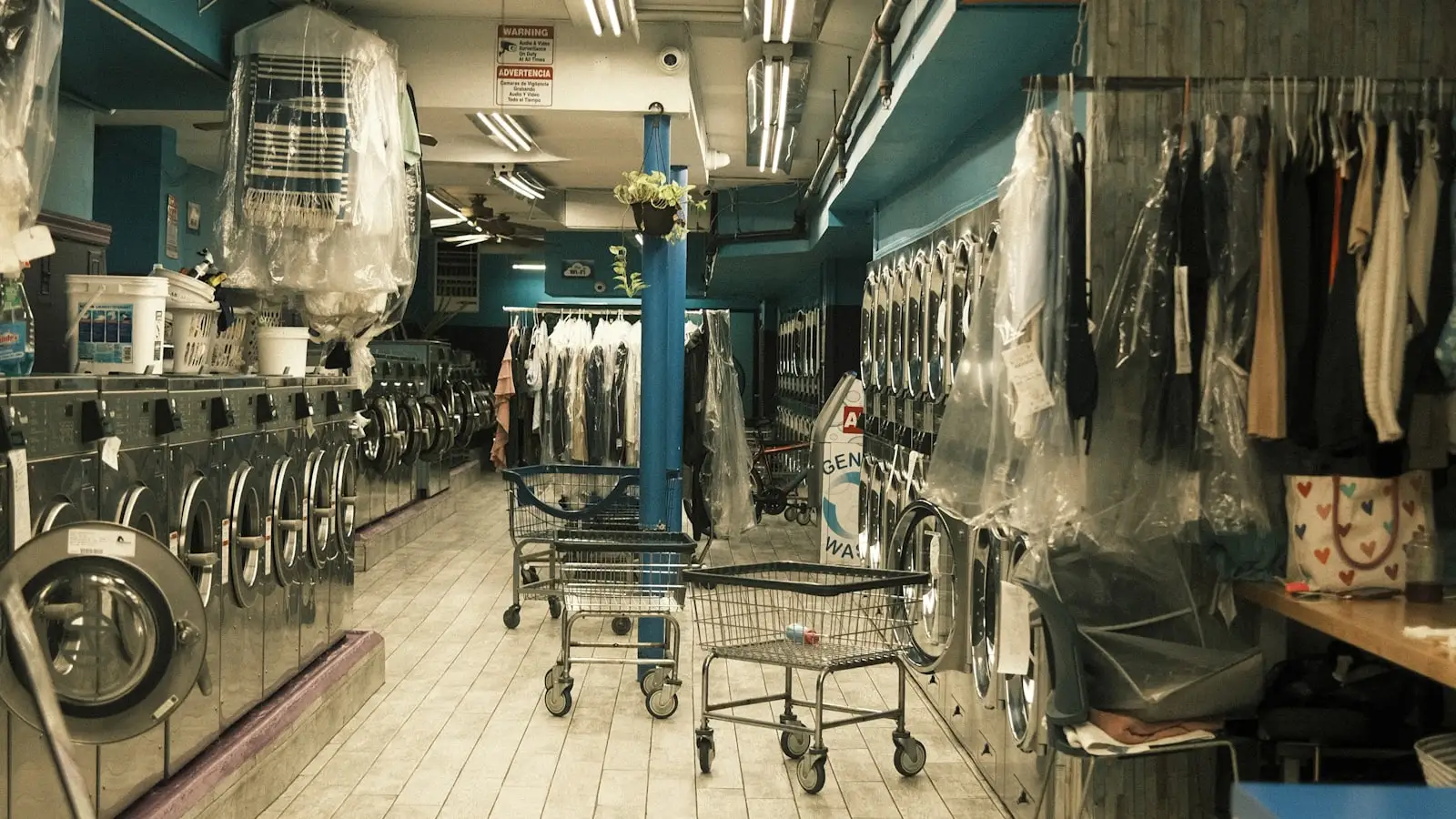 Interior of a clean, modern self-serve laundromat with rows of washers